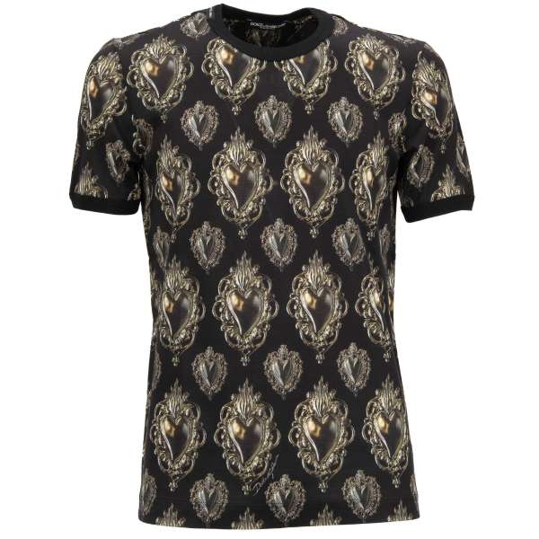 Baumwolle T-Shirt mit Sacred Heart / Herz Print in Gold und Schwarz von DOLCE & GABBANA