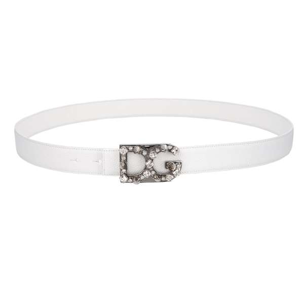 Structured leather belt with metal DG logo crystal studded buckle in white by DOLCE & GABBANA