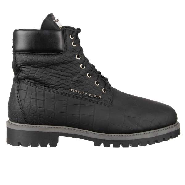 Leather Boots ALL MY POWER with reptile pattern, skull, logo and logo plate by PHILIPP PLEIN