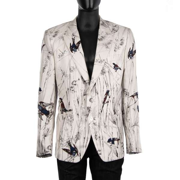 Blazer aus Seide mit Vögeln, Libellen und Bäumen Print in weiß von DOLCE & GABBANA Black Label