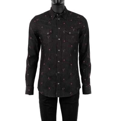 SICILIA Floral Embroidery Jeans Shirt Gray 40 M