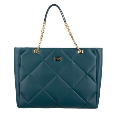 Quilted Large Shoulder Shopper Bag JUNGLE with Logo Blue Green