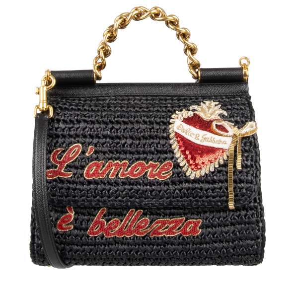 Handtasche / Schultertasche  SICILY aus Raffia und Jacquard mit bestickten "L'Amore e Bellezza" Schriftzug, Kettengriff, besticktem Herz aus Pailletten mit Logo und Logo Schild von DOLCE & GABBANA