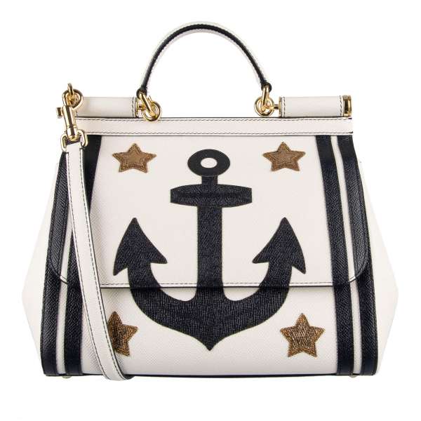 Anchor and golden stars embroidered dauphine leather Tote / Shoulder Bag SICILY Medium by DOLCE & GABBANA