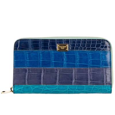 Striped Patchwork Crocodile Leather Zip-Around Wallet Blue