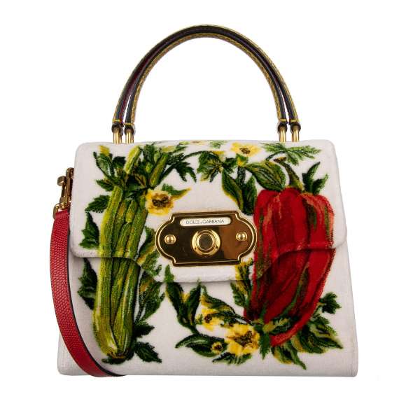 Floral Pepperoni printed Tote / Shoulder Bag WELCOME Medium made of velvet and lizard structured leather with double handle and snake leather strap by DOLCE & GABBANA