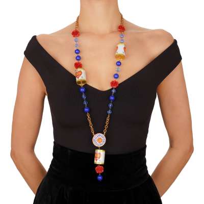 Amore Heart Can Crystal Roses Pearl Chain Necklace Gold Blue Red