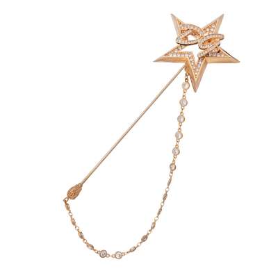 Star DG Logo Crystal Brooch Jacket Lapel Pin with Chain Gold
