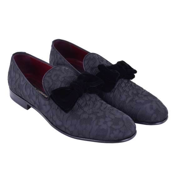 Floral jacquard slip-on shoes MILANO with sewn velour bow tie by DOLCE & GABBANA Black Label