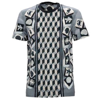 Baumwolle T-Shirt mit Geometrischem Sizilien Print Blau Weiß 48 M Baumwolle T-Shirt mit Geometrischem Sizilien Print Blau Weiß 48 M