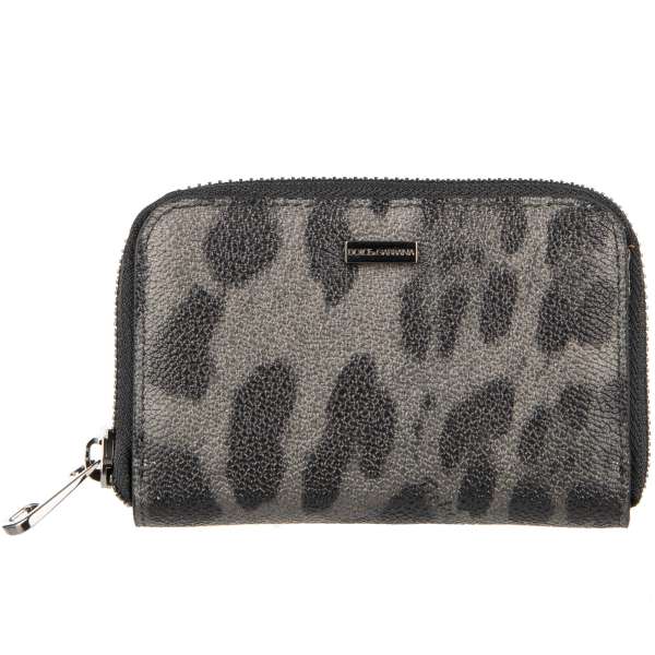 Leopard printed canvas zip around wallet with DG logo plate in black and gray by DOLCE & GABBANA
