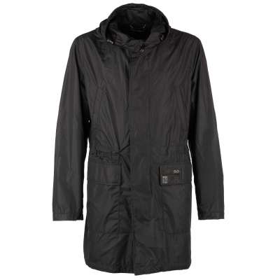Light Hooded Rain Parka Jacket with Pockets and Logo Black
