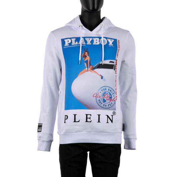 Hoody with a print of a magazine cover of Amanda Booth / Stewardess with logo embroidery at the front and printed 'Playboy Plein' lettering at the back by PHILIPP PLEIN x PLAYBOY