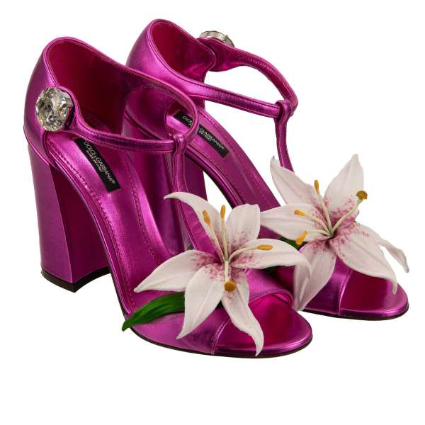 Metallic Leather Sandals KEIRA embellished with lily flower and crystal brooch in pink by DOLCE & GABBANA