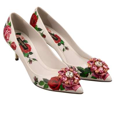 Crystal Brooch Rose Leather Pumps BELLUCCI White Pink 38.5 US 8.5