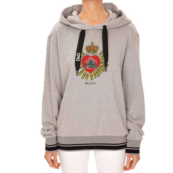  Cotton hooded Sweater / Sweatshirt embellished with DG Logo Milano Roma Crown Heart in gray by DOLCE & GABBANA