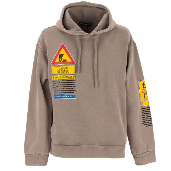 Oversized vintage look cotton hooded sweater / hoodie with traffic signs print, logo and side pockets by DOLCE & GABBANA