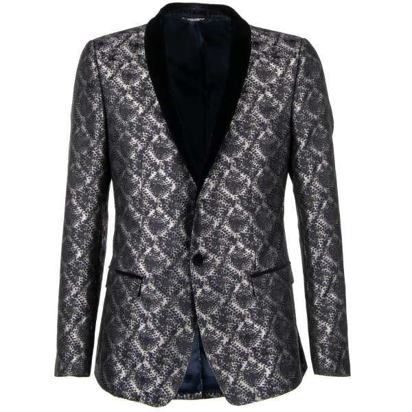 Shiny lurex tuxedo / blazer GOLD in dark blue and silver with a contrast velvet shawl lapel by DOLCE & GABBANA