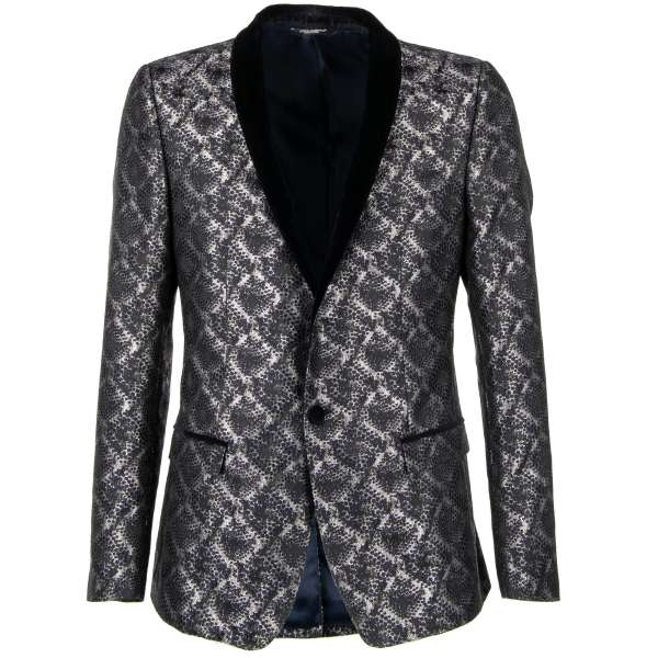 Glänzender Lurex Tuxedo Blazer GOLD in Blau und Silber mit Kontrast Schal-Revers aus Samt von DOLCE & GABBANA