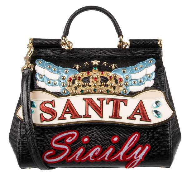 Handtasche / Schultertasche Santa SICILY mit bestickten "Santa Sicily" Schriftzug, Krone und Flügel, Kristallen, Nieten und Logo Schild von DOLCE & GABBANA