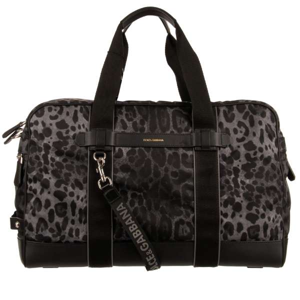 Leopard Printed Boston Duffle Bag / Travel Bag made of nylon with leather details, logo pendant, logo print and pockets by DOLCE & GABBANA