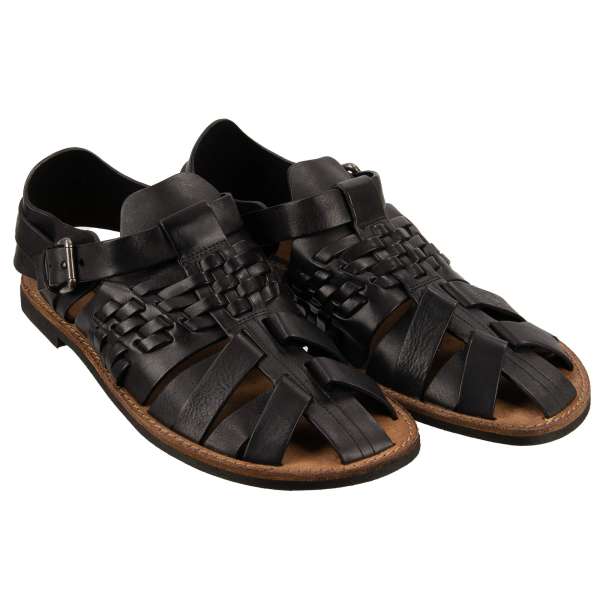 Roman style woven leather sandals with buckle in black and brown by DOLCE & GABBANA