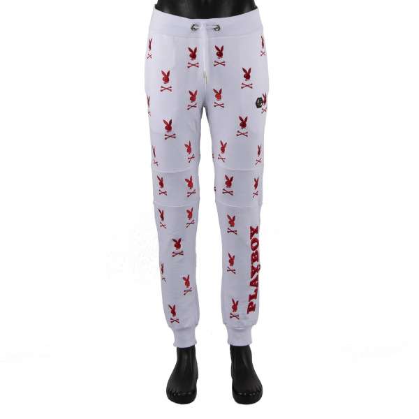 Jogging Trousers / Sporthose mit Skull Bunny Logo Stickerei, besticktem PLAYBOY X PLEIN Schriftzug und Logo Schild vorne und Playboy Project Logo auf der Rückseite von PHILIPP PLEIN x PLAYBOY