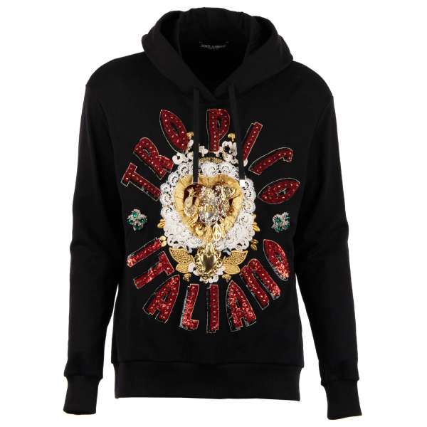 Jeweled Hoody / Sweatshirt with large sacred heart motif made of lace and brass, crystals and brass applications and many Sicily brooches by DOLCE & GABBANA