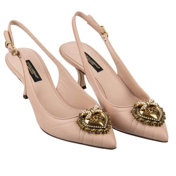 Pointed Leather Slingbacks Pumps LORI with Devotion Gold Pearl Heart in beige by DOLCE & GABBANA