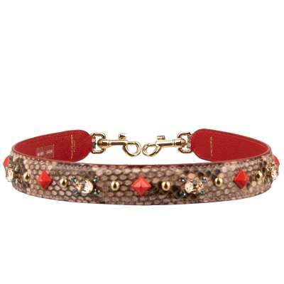 Pearl Stud Crystal Snake Leather Bag Strap Handle Beige Red