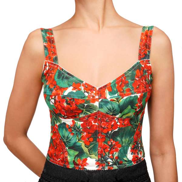 Bustier Top with Geranium Print in Red, Green and White by DOLCE & GABBANA