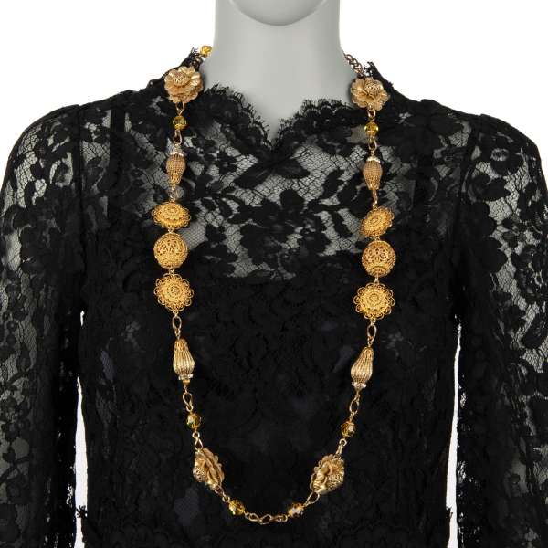 Necklace with filigree details, leather flowers and crystals in gold by DOLCE & GABBANA