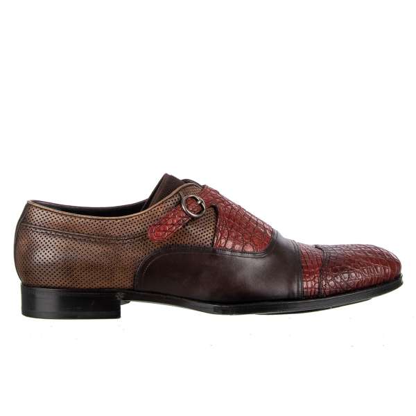 Patchwork caiman and calf leather Monkstrap Shoes NAPOLI in brown and red by DOLCE & GABBANA