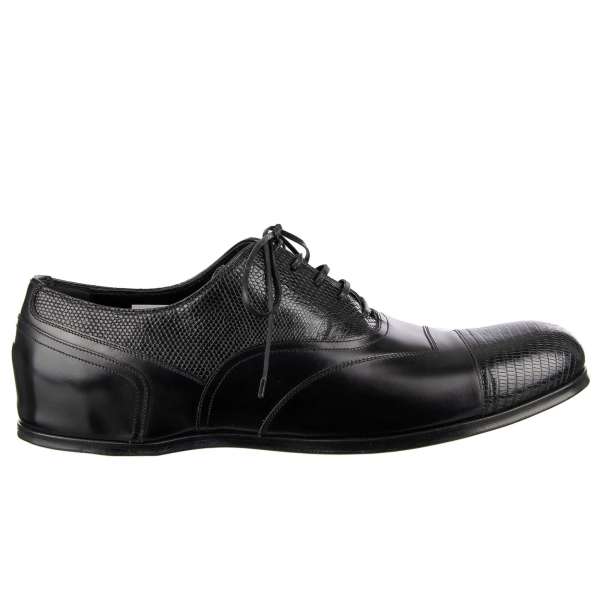 Elegant patchwork varan and calf leather oxford shoes SIRACUSA in black by DOLCE & GABBANA