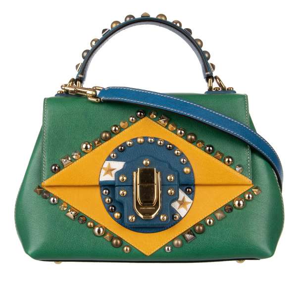 Hand- / Schultertasche LUCIA Brasilien aus Büffelleder mit Flagge Patches, verschiedenen Nieten und Schloss mit Logo von DOLCE & GABBANA