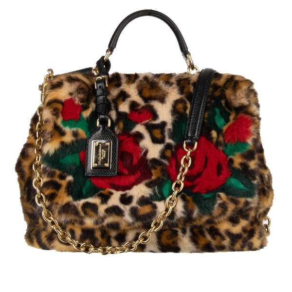 Faux fur Tote / Shoulder Bag SICILY with leopard, flowers and logo print, leather top handle and logo plate pendant by DOLCE & GABBANA