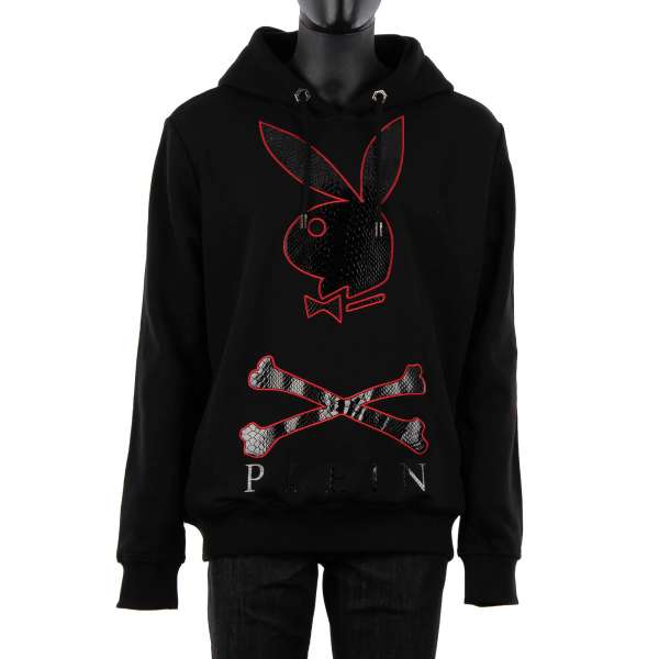 Hoody with a skull bunny PLEIN Logo application with Python effect in Black-Red at the front and  'Playboy Plein' lettering application with python effect at the back by PHILIPP PLEIN x PLAYBOY