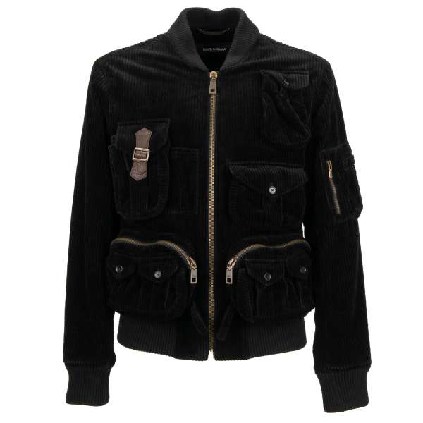 Padded bomber jacket made of cord fabric with many pockets and knitted details by DOLCE & GABBANA