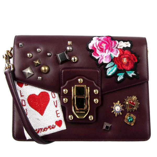 Jeweled and Studded Tote / shoulder bag LUCIA Amore with Floral and Heart Card Embroidery, Sequins and two shoulder straps and by DOLCE & GABBANA Black Label<
