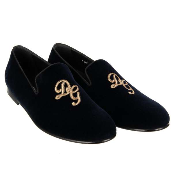 Velvet loafer shoes AMALFI with embroidered golden DG logo in navy blue by DOLCE & GABBANA