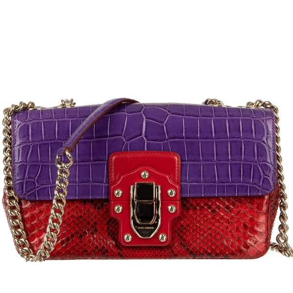 Crocodile and Snake leather shoulder bag LUCIA with silver chain strap and buckle with studs by DOLCE & GABBANA
