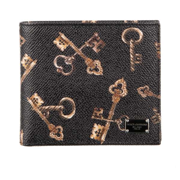 Keys printed Dauphine leather wallet with DG metal logo plate in brown by DOLCE & GABBANA