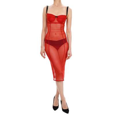 Transparent Tull Strap Midi Dress Red Black 40 US 4 S