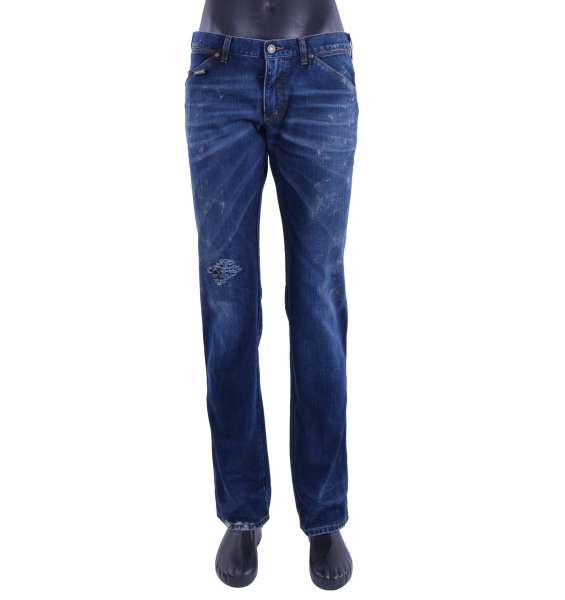 Gerade geschnittene Distressed Jeans 14 GREEN mit bemalten Flecken, Gurt und Logo Schild von DOLCE & GABBANA Black Label