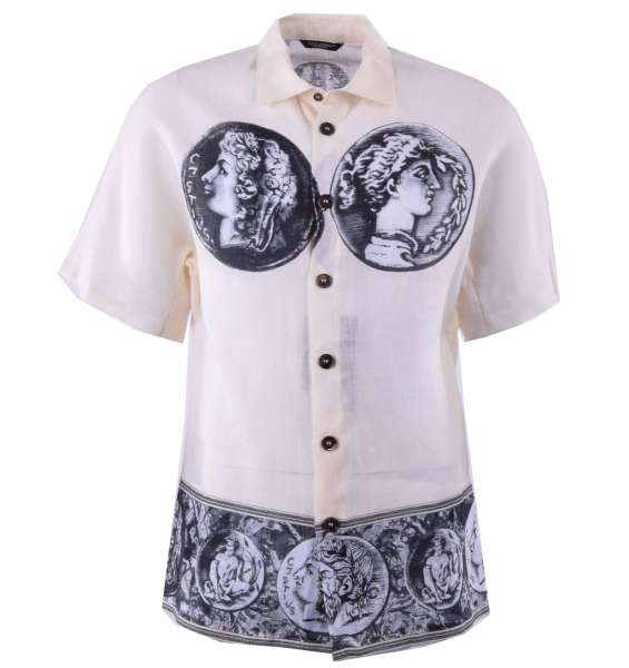 Linen Oversize fit shirt with coins print and short sleeves by DOLCE & GABBANA