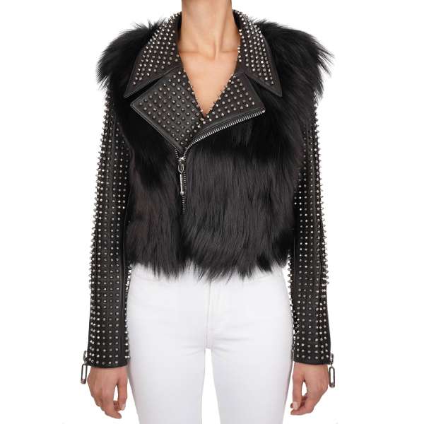 Studded short biker style fox fur and nappa Leather Jacket MONDAY in black by PHILIPP PLEIN COUTURE