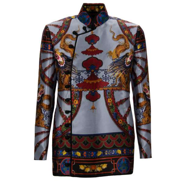 Silk blazer / jacket with Chinese Dragon, Lemon and Carretto Sicily Print and side button closure by DOLCE & GABBANA