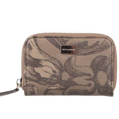 Dauphine Leder Reißverschluss Geldbörse mit Floralem Print Khaki Braun