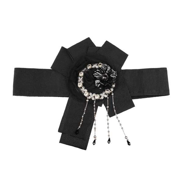  Belt for dress with crystal and brass flower brooches, chains and silk applications in black by DOLCE & GABBANA