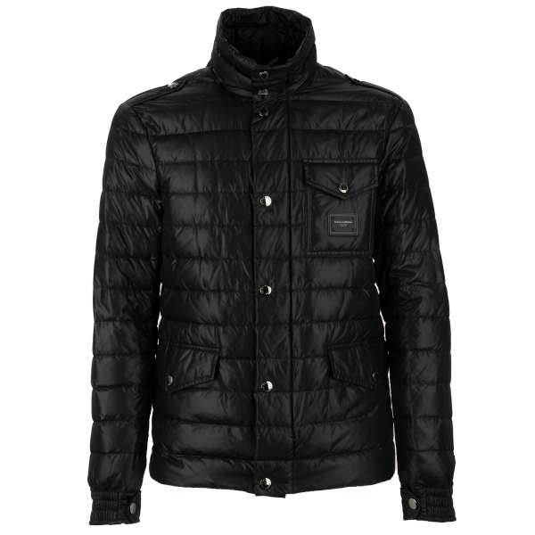 Quilted nylon goose down padded jacket with DG Logo plate, zip and press button closure and pocket in black by DOLCE & GABBANA